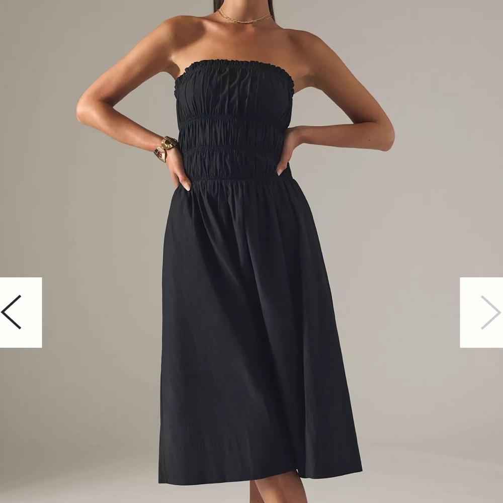 Anthropologie Black Strapless Smocked Midi Dress